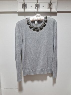 Ralph Lauren Gray Sweater Top Women's  XS Embellished Rhinestones Neck Pull Over